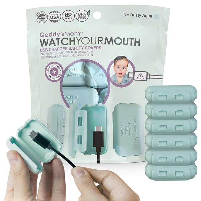 Geddy's Mom - Watch Your Mouth - The Award Winning Child Safety USB Cover Cap - Made in The USA - Baby Proofing Toddler Shock Prevention - 6 Pack (Dusty Aqua)