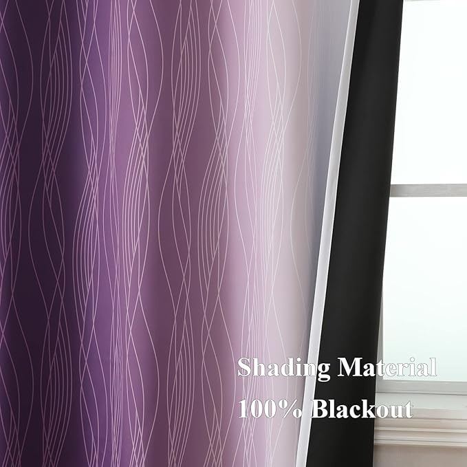 Estelar Textiler Ombre Blackout Curtains 102 Inches Long 2 Panels Set, Purple and Greyish White Thermal Insulated Drapes for Bedroom, Full Room Darkening Grommet Curtains for Living Room, 52Wx102L
