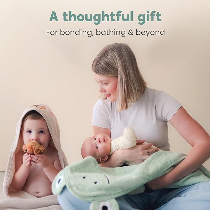 CuddleBug Premium Hooded Baby Bath Towel & Washcloth Set (Bear) - 100% Cotton Terrycloth Hooded Baby Towels for Newborn & Toddler, Super-Soft & Absorbent, Newborn Essentials (30" x 30") - Honey Beige