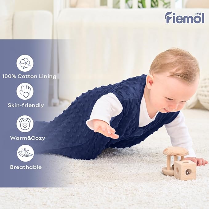 FIEMOL Fleece Baby Sleep Sack 0-6 Months, 1.5 TOG Cotton Baby Wearable Blanket With Soft Plush Dots, 2 Pack Newborn and Infant Warm Sleeping Sack with 2-Way Zipper Blue&Grey