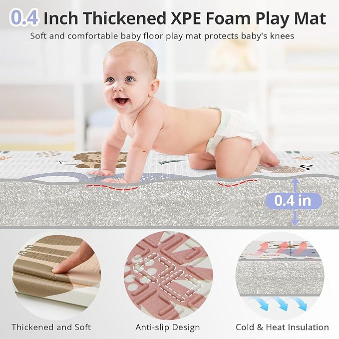 Foldable Foam Baby Play Mat for Floor, Babies Activity Tummy Time Playmat, Kids Non Toxic Foam Thick Play Mat for Baby, Toddlers, Waterproof & Anti-Slip Crawling Mats, Elephant,71x59