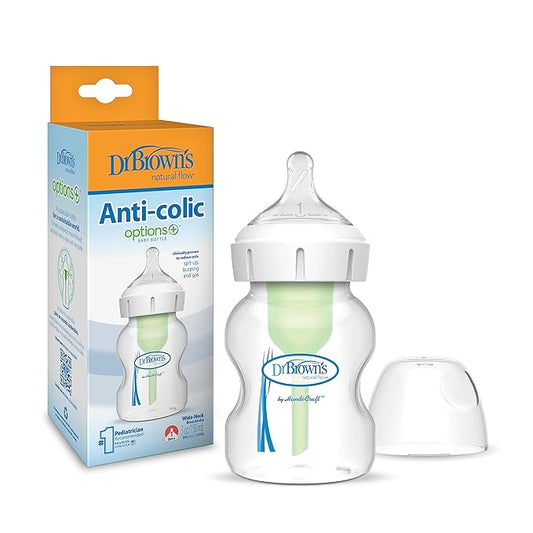 Dr. Brown's Natural Flow Anti-Colic Options+Wide-Neck Baby Bottle, 5 oz/150 mL, Level 1 Nipple, 12-Pack, 0m+
