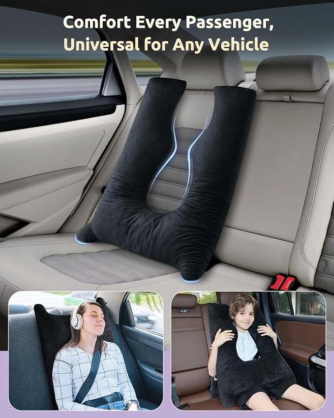 Car Pillow for Kids Travel Pillow with Adjustable Strap, Kids Floor Pillows Cushions for Adults and Children to Support Head and Body Road Trip Essentials (Metal Black)
