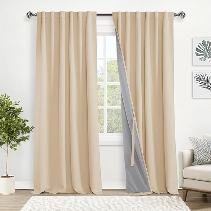 XWZO 100% Blackout Curtains - Double Layer Full Room Darkening and Energy Efficiency Rod Pocket & Back Tab Window Panels with Tiebacks for Living Room, Biscotti Beige, W52 x L95, Set of 2 Drapes