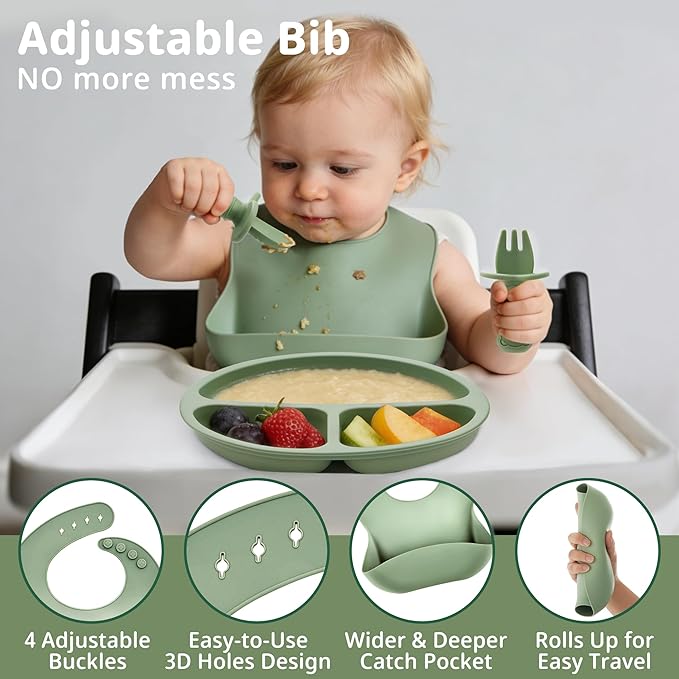 Bufims Silicone Baby Feeding Set, Baby Led Weaning Supplies, Eating Essentials Utensils with Suction Plate and Bowl, Pocket Bib, Sippy Cup with Lid, Forks Spoons Snack Container, for 6+ Months, Green