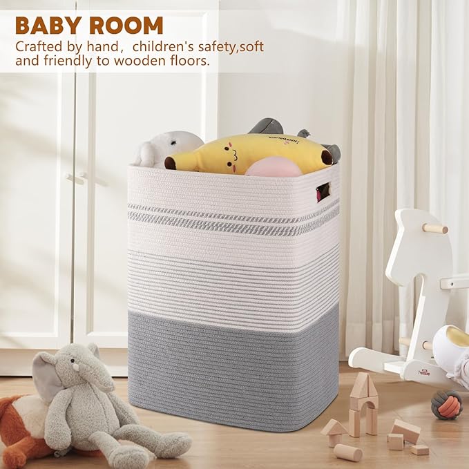 Laundry Basket, Large Woven Rope Tall Laundry Basket with Handles, Decorative Storage Basket for Clothes and Blankets in Living room, Bedroom