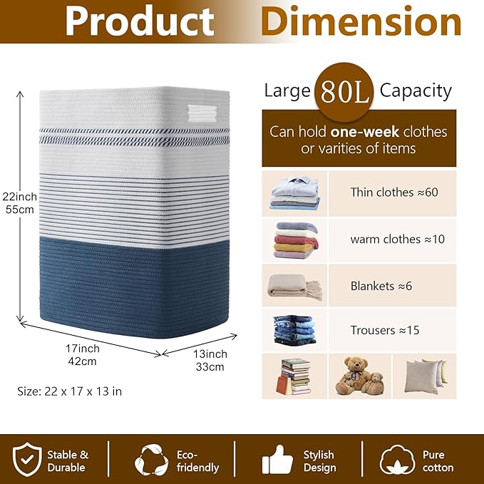 Laundry Basket, Large Woven Rope Tall Laundry Basket with Handles, Decorative Storage Basket for Clothes and Blankets in Living room, Bedroom