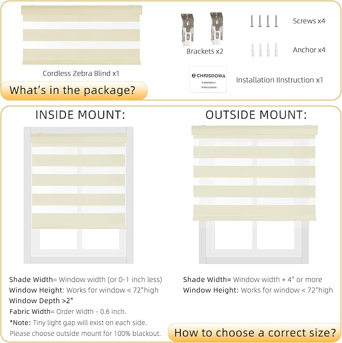 ChrisDowa Cordless Zebra Blinds for Windows, Dual Layer Free-Stop Light Filtering Window Roller Shades, Pull Down Privacy Zebra Shades for Home, Office, Bedroom, Door (46" W x 72" H, Beige)