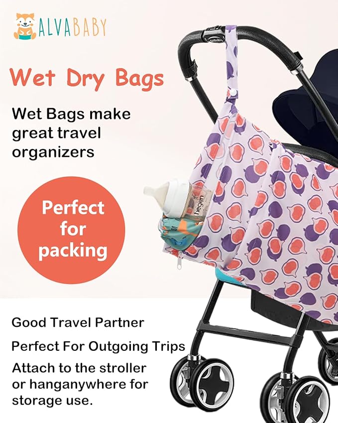 ALVABABY 3pcs Cloth Diaper Wet Dry Bags Waterproof Reusable with Two Zippered Pockets Travel Beach Pool Daycare Soiled Baby Items Yoga Gym Bag for Swimsuits or Wet Clothes 3L-ZM37