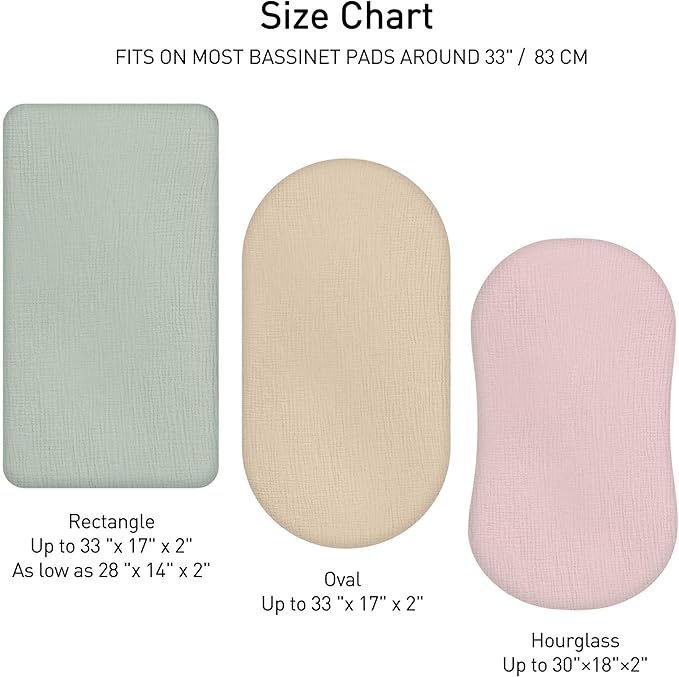 Muslin Bassinet Fitted Sheets, 2 Pack for Baby Boy and Girl, Soft Breathable Stretchy Baby Pad/Mattress Sheet Set, Universal Fit for Hourglass Oval and Rectangle Bassinet Mattress (Gentle Colors)