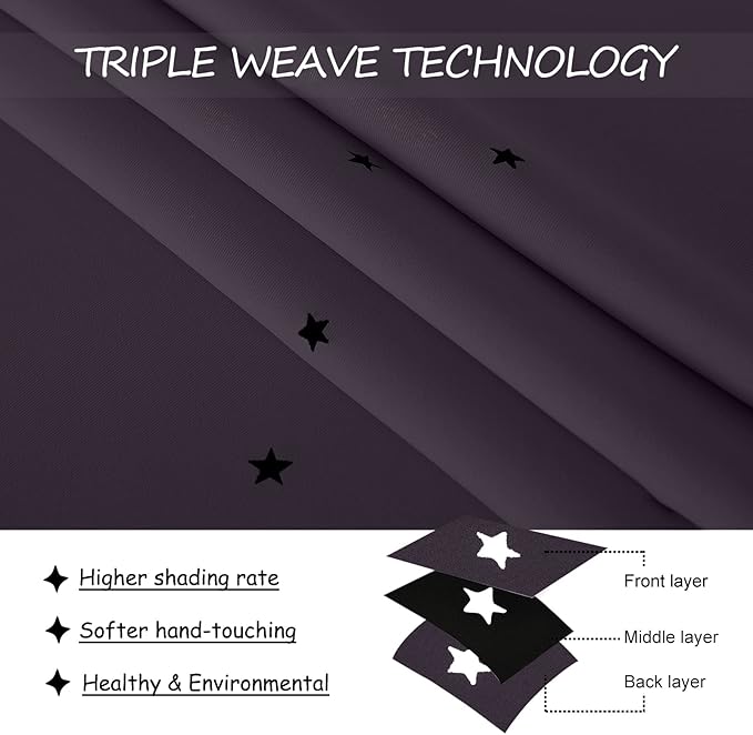 NICETOWN Cutout Stars Curtains for Kids Room 2 Panels Romantic Sparkle Starry Sky Space Theme Light-Filtering 54 inches Length Blackout Windows Curtains, 34" Width, Greyish Purple