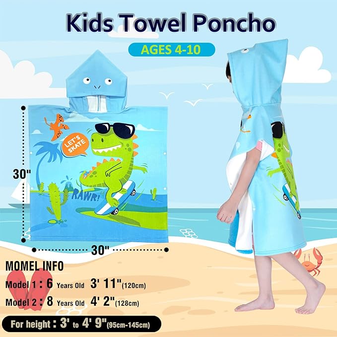 Hooded Kids Beach Towels - Toddler Bath Towel Girls Boys Swim Cover-ups for Ages 4 to 10 Kids Pool Towels Quick Dry Lightweight Soft Microfiber Poncho 30x30 with Bag (Dino Skating)