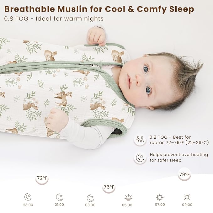 Konssy Muslin Baby Sleep Sack 18-24 Months 0.8 TOG, 2 Pack 100% Cotton Wearable Blanket for Babies, 2-Way Zipper Breathable Sleeping Sack Infant Toddler Essentials for Girls and Boys (Woodland,Sage)