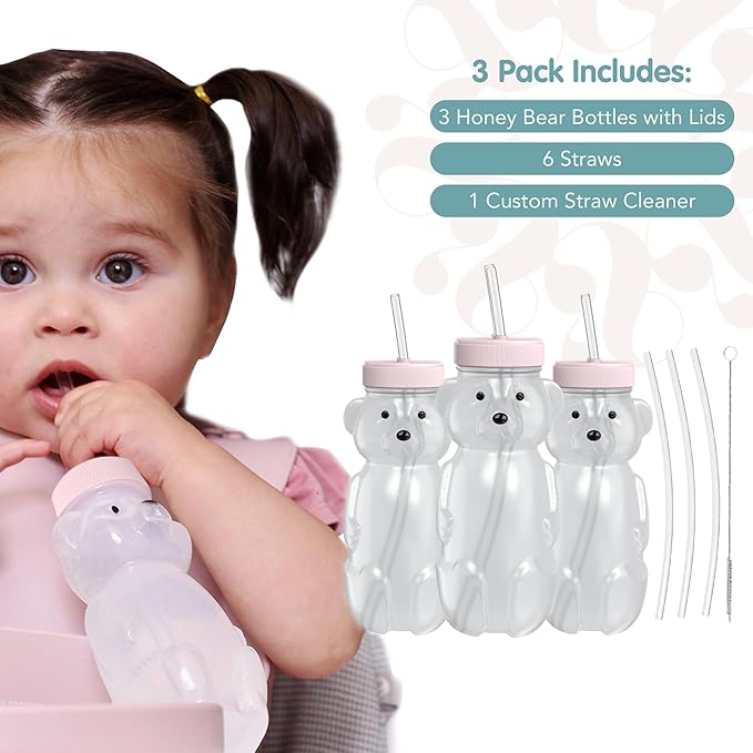 The 730 Project Honey Bear Straw Cup for Babies, 8-oz Honey Bear Cup with Lid, 3-Pack Therapy Learning Honeybear Straw, Baby Bottle Set, Cherry Blossom PINK