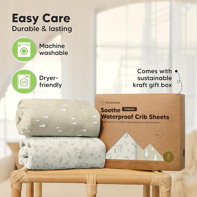 2-Pack Waterproof Crib Sheets for Boys, Girls - 52x28 Fitted Organic Cotton Baby Crib Sheets, Toddler Mattress Protector Cover, Washable, Soft & Durable Baby Bedding Essentials(Pine Grove)