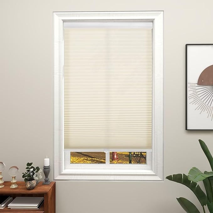 Changshade Cellular Shades Cordless Blinds for Indoor Windows, Honeycomb Blinds Pleated Window Shades Light Filtering for Bedroom, Bathroom, Shade Size 72 inch High 46 inch Wide, Beige