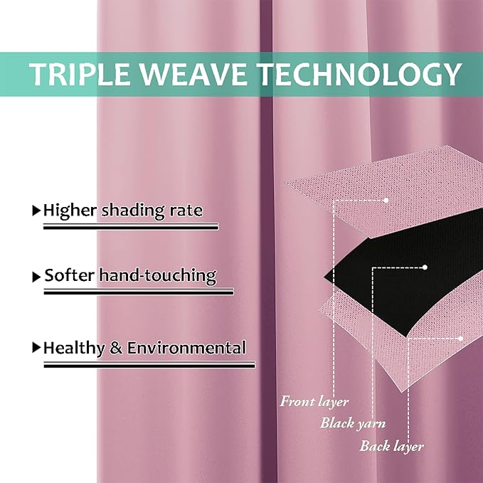 NICETOWN 100% Blackout Short Curtains with Black Liners, 2 Panels, 37" W by 60" L, Crystal Pink, Thermal Insulated Full Blackout 2-Layer Lined Drapes, Energy Efficiency Window Draperies for Bedroom
