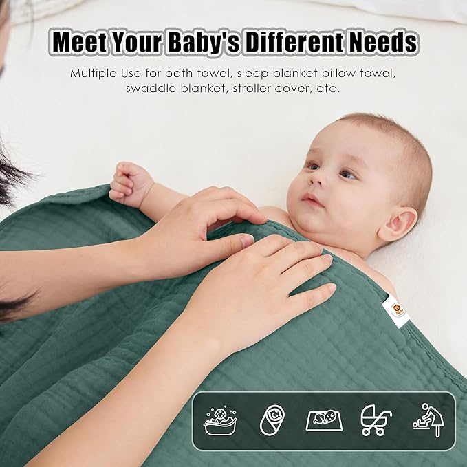 Sunny zzzZZ Muslin Hooded Baby Bath Towels - 3 Pack 100% Cotton Soft Low-Saturation Pastel Towels Including Classic White for Newborns, Infants, Toddlers - 32x32 Inch - Deep Emerald and White