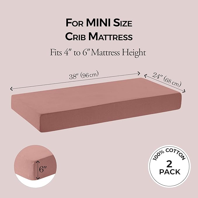 Dreamology 24x38 Mini Crib Sheets, 100% Cotton Crib Sheets for Boys,Girls,Crib Mattress Sheets,Pack and Play Sheets, Mini Crib Sheet Fitted | Rose,Dusty Pink