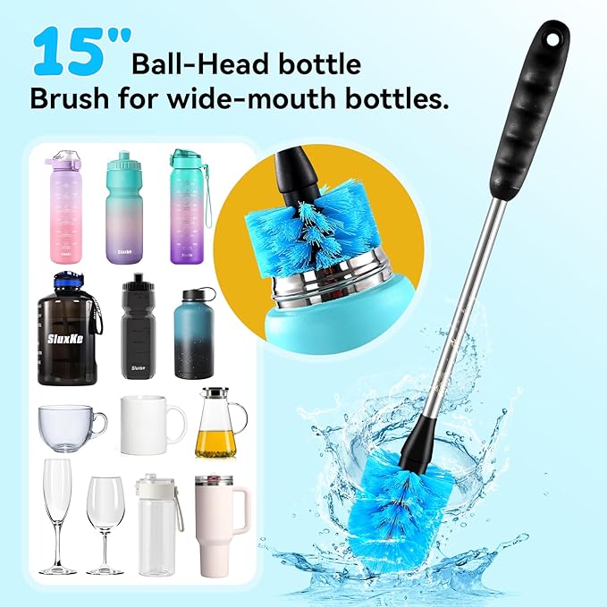 TOOUT Bottle Brush Set with Straw Cleaner Brush and 3 in 1 Cup Lid Cleaning Brush, Water Bottle Cleaner with Long Handle for Cleaning Narrow Neck Beer, Cup, Wine Glasses, Tumblers, Baby Bottles