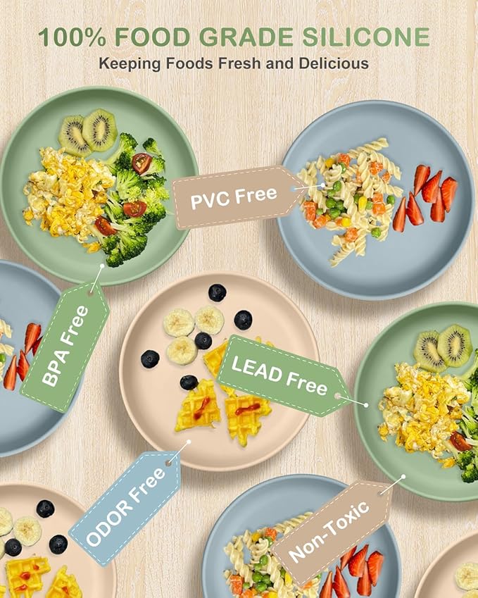 Qyeejong Classic Toddler Plates with Suction 2 Pcs, BPA Free Silicone Baby Suction Plates, Stick Dinner Dishes for Baby Toddler Kids, Dishwasher Safe, Stackable
