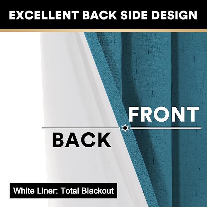 PrinceDeco 100% Blackout Linen Textured Curtains for Living Room Black Out Curtains 96 Inch Long 2 Panels Set Grommet Room Darkening Curtains & Drapes Boho Home Decor for Bedroom, Blue Sapphire