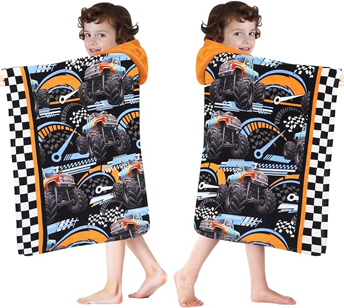 Hooded Poncho Towels for Kids - Ultra Soft 100% Cotton Truck Toddler Hood Bath Towels/Pool Terry Towel Beach Poncho Wrap Absorbent Cute Bath & Swim Wrap Gift for Boys & Girls 3-10 Years - Black