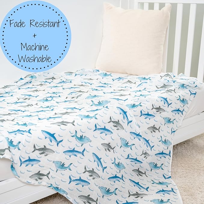 LollyBanks Baby Blanket for Boys, 100% Cotton Muslin Swaddle Blankets, 47 x 47 Inches Soft and Breathable Receiving Blankets, Cozy Newborn Swaddle, Baby Essentials, Registry (Shark Print)