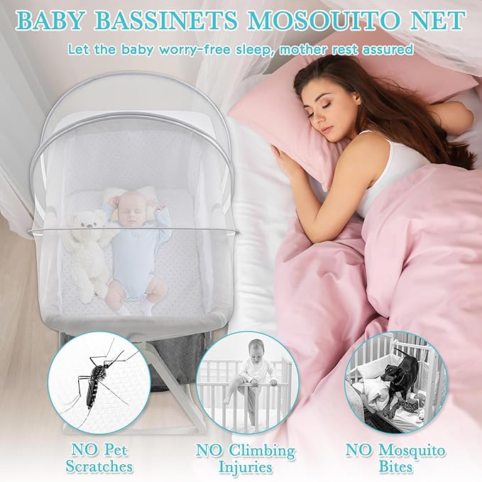 Bassinet Cover for Cats - Bassinet Net Cover for Baby Prevents Entry of Insects/Pets, Breathable Crib Net with Two-Way Zippers, Mosquito Net for Bedside Sleeper/Travel Crib (White-Small)