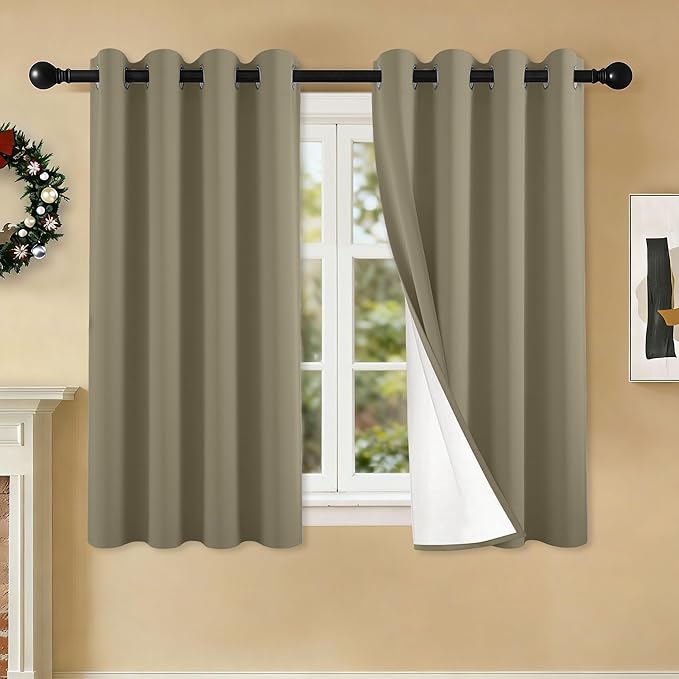 100% Blackout Curtains 54 Inch Length for Bedroom Living Room, Grommet Thermal Insulated Room Darkening Drapes, Light Blocking Window Treatment Decor, 2 Panels, 54x54, Taupe
