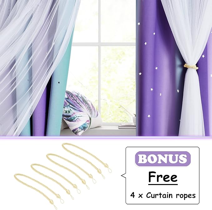 NICETOWN Girls Curtains for Bedroom Kids Room Decor White Mosquito Net & Blackout Ombre Drapes, Mix & Match Star Cut Curtain Panels for Nursery (Teal & Purple, Each is W52 x L84, Sold by 2 PCs)