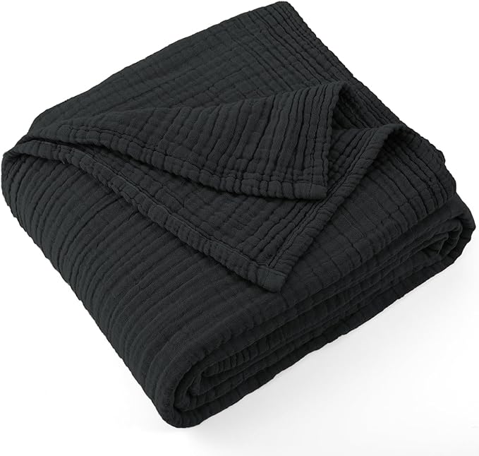 Carriediosa 100% Cotton Muslin Throw Blanket 50" X 70" Twin XL Size，4-Layers Summer Gauze Throws for Bed Couch，Soft Lightweight Breathable Linen Blankets Bedspread for Adults All Season，Black