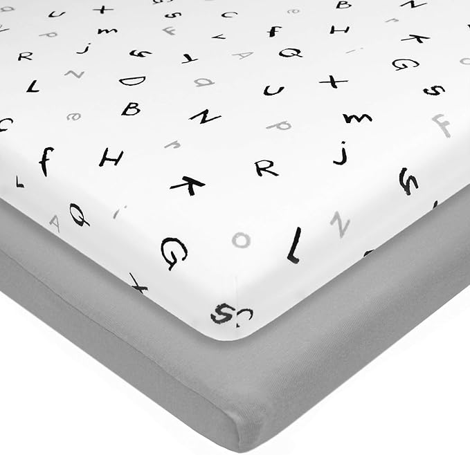 American Baby Company 15" x 33" Fitted Bassinet Sheet, 100% Natural Cotton Jersey Knit, Gray/Alphabet, Soft Breathable, for Boys and Girls, 15x33 Inch Pack of 2