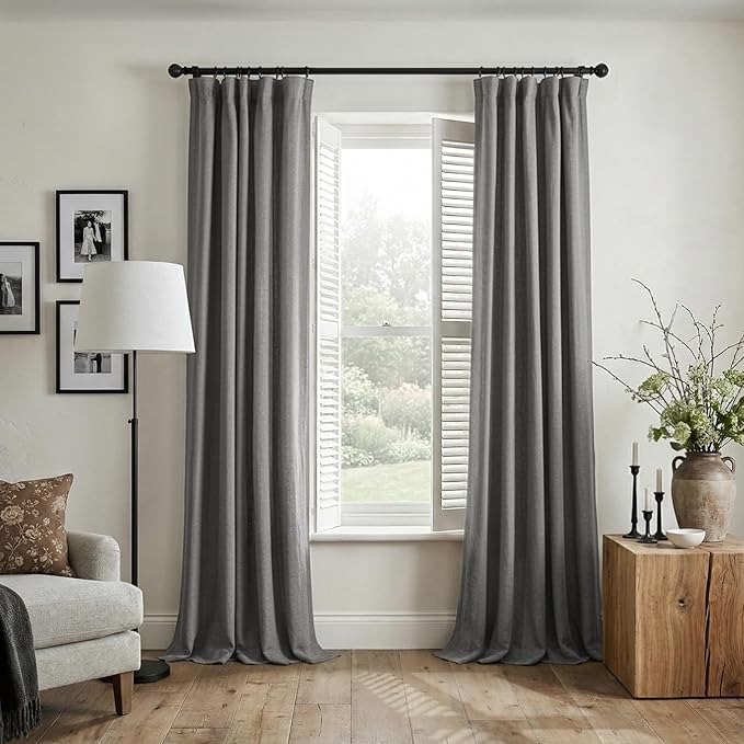 INOVADAY 100% Blackout Curtains for Bedroom, Black Out Curtains 102 Inch Long, Clip Rings Linen Blackout Drapes, Thermal Insulated Room Darkening for Living Room, 2 Panels - DarkgreyW50xL102