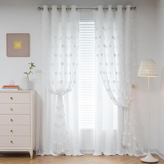 MYSKY HOME White Curtains for Kids Room & Nursery - 72 Inch Long Double Layer Sheer Curtains with Pom Poms & Grommets for Girls Bedroom & Living Room - Darkening Panels W52 X L72