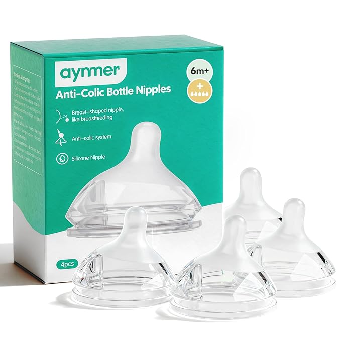 Aynmer Natural Flow Silicone Baby Bottle Nipples for Wide Neck Bottles Level 3, Large Flow (L) Nipple, 6+ Months, 4 Counts (Pack of 1) BPA-Free