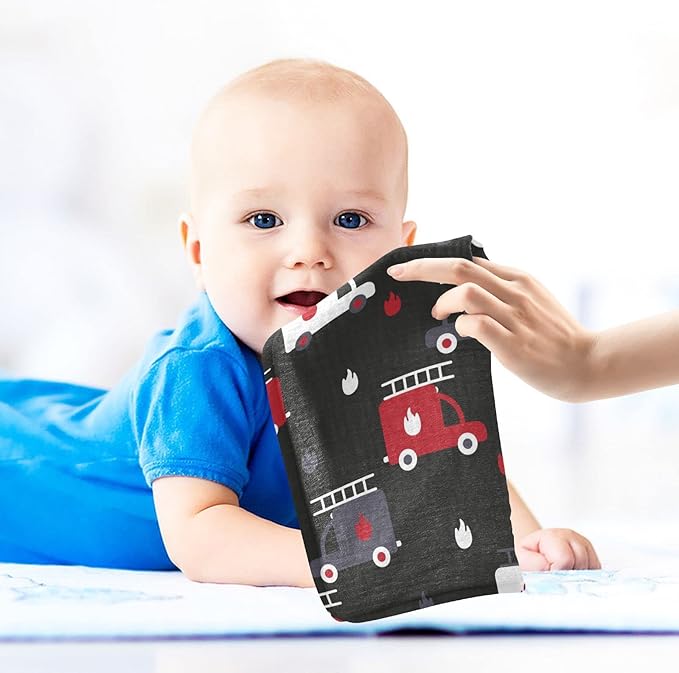 vvfelixl Baby Muslin Washcloths, Firefighters Fire Trucks Baby Burp Cloths, Cotton Baby Face Towel for Newborn Infants Boys Girls Soft and Absorbent 11.8 X 11.8 in, 3 Pack Black