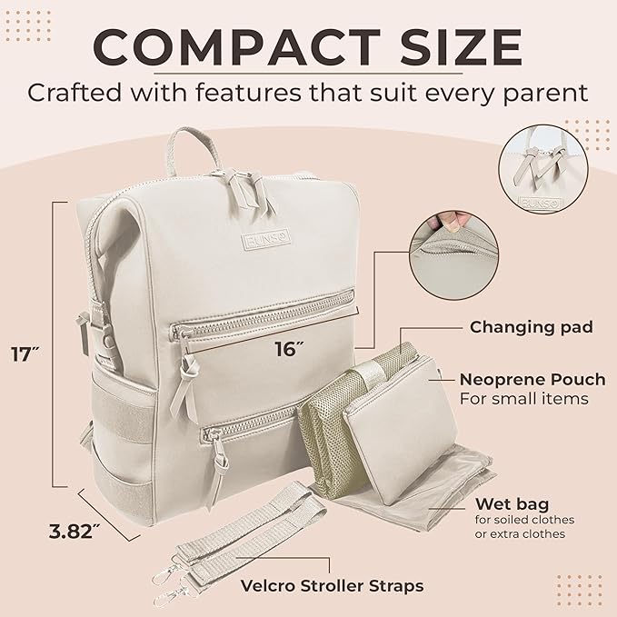 Neoprene Diaper Bag, Minimalist Backpack Diaper Bag with Pouch, Changing Pad, and Stroller Straps, Water Resistant and Lightweight Baby Girl Diaper Bag, Diaper Bag Backpack, Cream
