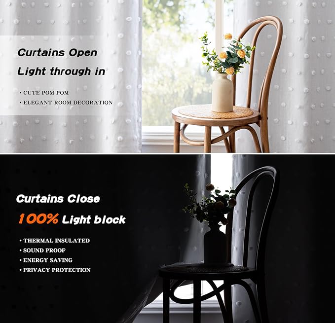 MYSKY HOME 100% Blackout Curtains for Living Room Bedroom Thermal Insulated 102 Inch Length Nursery Curtains 2 Panels Grommet Light Filtering White Pom Pom Sheer Drapes for Sliding Door, 52W x 102L