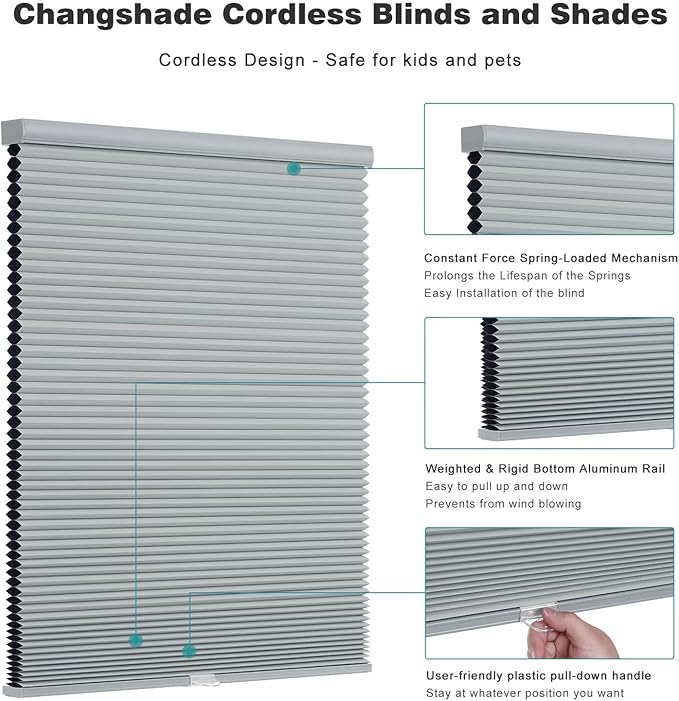 Changshade Cordless Cellular Shades, Blackout Honeycomb Shades for Windows, Pull Down Pleated Blinds, Easy to Install for Indoor Windows and French Doors,25" W x 64" H, Grey