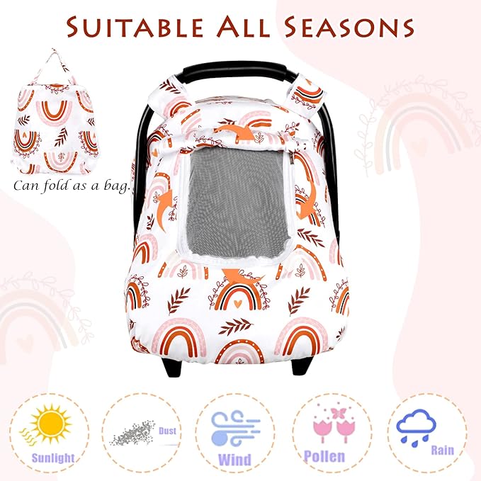Pea Pod Baby Car Seat Cover Girls, Infant Rainbow Car Seat Covers Canopy for Newborn,2 Layers Windows of Breathable Mesh/Fabric, Lightweight Polyester/Minky Dot Backing, Snug Fit Most Baby Car Seat