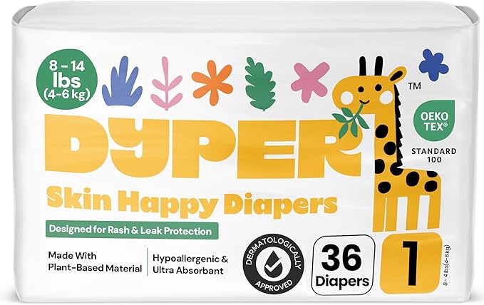 DYPER - Baby Diapers Size 1 (36 Count) - Plant Based Disposable Diapers for Day and Overnight Premium Leak Protection, Skin-Friendly Comfort with Soft Size 1 Diapers (8-14 lbs)