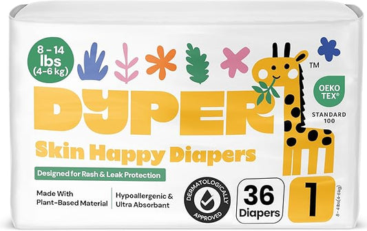 DYPER - Baby Diapers Size 1 (36 Count) - Plant Based Disposable Diapers for Day and Overnight Premium Leak Protection, Skin-Friendly Comfort with Soft Size 1 Diapers (8-14 lbs)