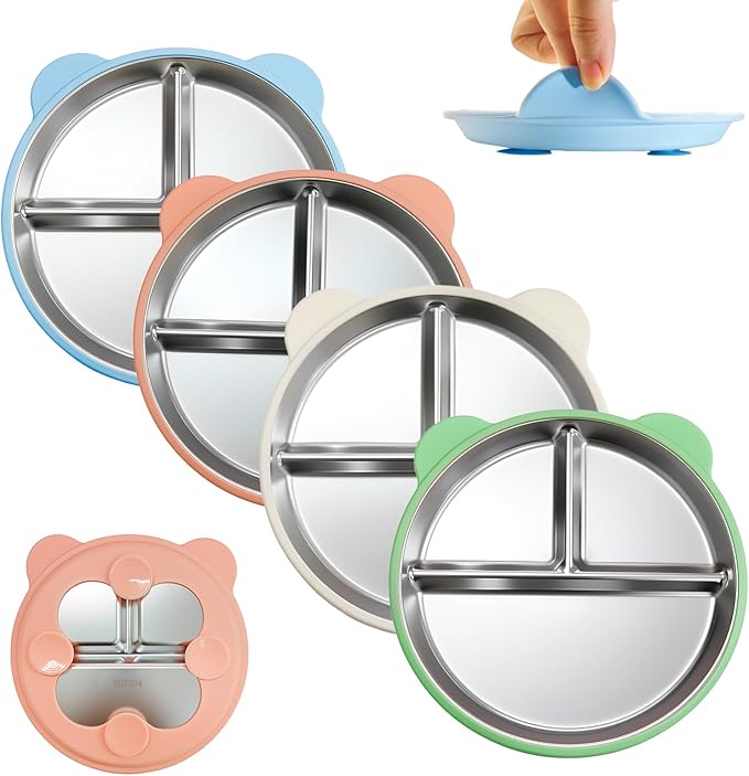 Thrseely 4 Pack Stainless Steel Toddler Plates with Suction - 9" Kids Divided Plates Removable Silicone Sleeves for Baby Led Weaning, Bear Ear Design Non Slip BPA-Free Dishwasher Safe