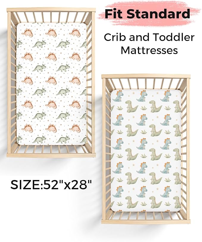 Crib Sheets for Boys and Girls, 2 Pack Fitted Baby Sheets for Standard Toddler Mattress 28" x 52", Soft Breathable Jersey Knit Baby Bedding (Tiny Dinos)