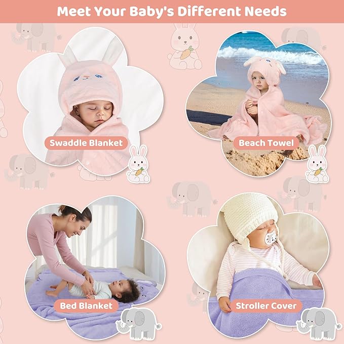 6 PCS Toddler Bath Towel Set for Boy Girl 0-5 Year, 2 PCS Thick Absorbent Hooded Baby Bath Towels Large 55" x 27.5" & 4 PCS Washcloths, Ultra Soft Gift for Infant, Toddler, Kids, Rabbit & Elephant