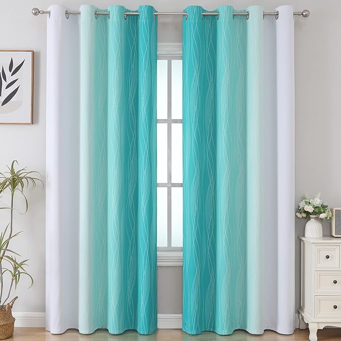 Estelar Textiler Teal and Greyish White Blackout Curtains 102 Inch Length 2 Panels Set, Thermal Insulated Ombre Grommet Drapes for Bedroom, Room Darkening Gradient Curtains for Living Room, 52Wx102L