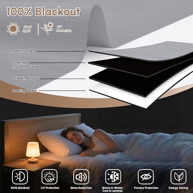 Kincmo No Drill Motorized Blinds with Remote, 100% Blackout Roller Shades for Windows, Custom Electric Blinds Compatible with Alexa, Apple Homekit, Google Home (100% Blackout Weave Grey)