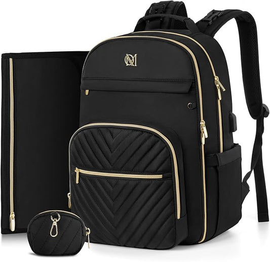 MOMUVO Diaper Bag Backpack, Quilted Baby Bag with Changing Pad & Stroller Straps & Pacifier Case, Large Travel Diaper Bags for Mom Dad, Black | with Changing Pad, Stroller Straps, Pacifier Case, Travel Diaper Bags