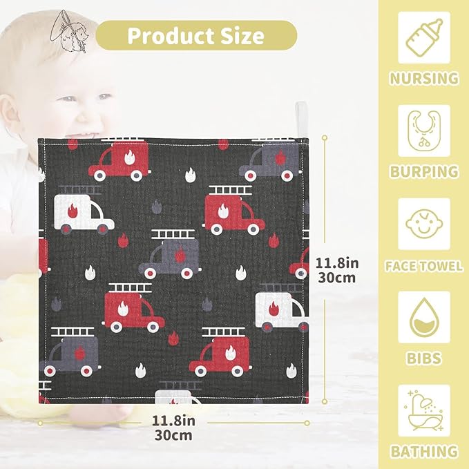 vvfelixl Baby Muslin Washcloths, Firefighters Fire Trucks Baby Burp Cloths, Cotton Baby Face Towel for Newborn Infants Boys Girls Soft and Absorbent 11.8 X 11.8 in, 3 Pack Black